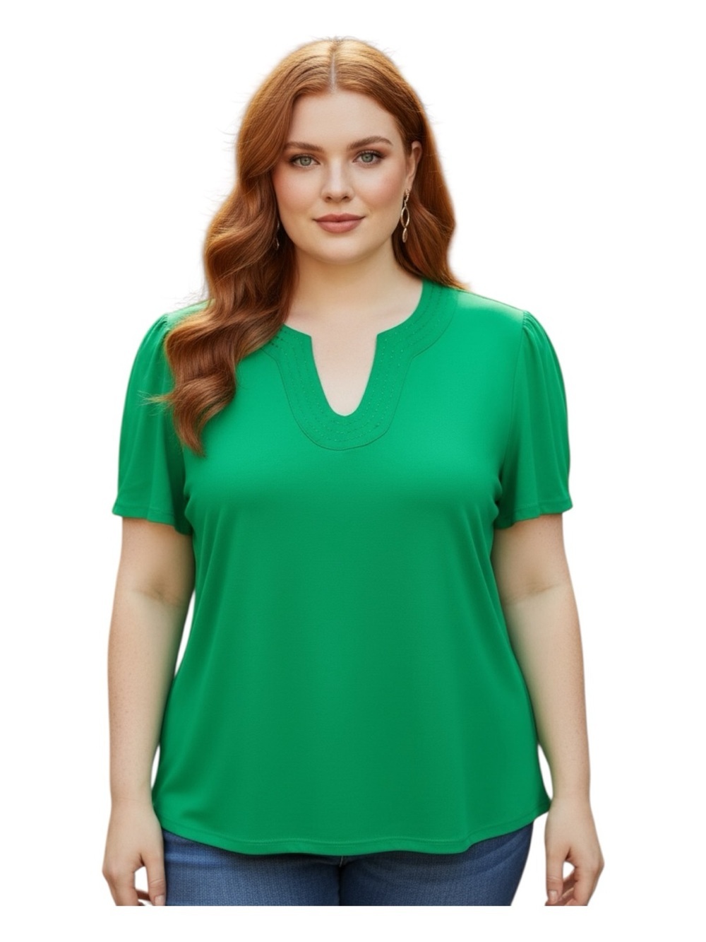 Plus Size XXL Rafaella Bright Green Short Sleeve Notch-Neck Top